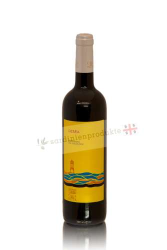 Eine Flasche Desea - Carignano del Sulcis Wein mit intensiv rubinroter Farbe und einem Etikett, das die Frische und Eleganz des Weins widerspiegelt.